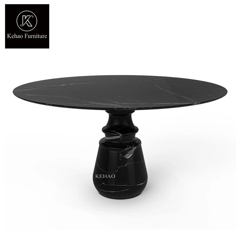 Modern Dining Room Nero Marquina Italian Marble Pedestal Dining Table Black Round Marble Dining