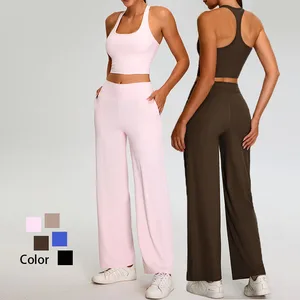 High Quality Women's Yoga Set Breathable Solid Pattern Ruched Leggings with Loose Casual Straight Leg Front Logo Exercise Outfit