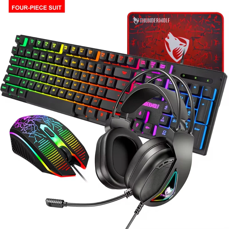 Hot Sale 4 in 1 Portable Wired Gaming Keyboard and Mouse Mousepad Headphone 4 in 1 Combos LED Light Gaming Set for Computer