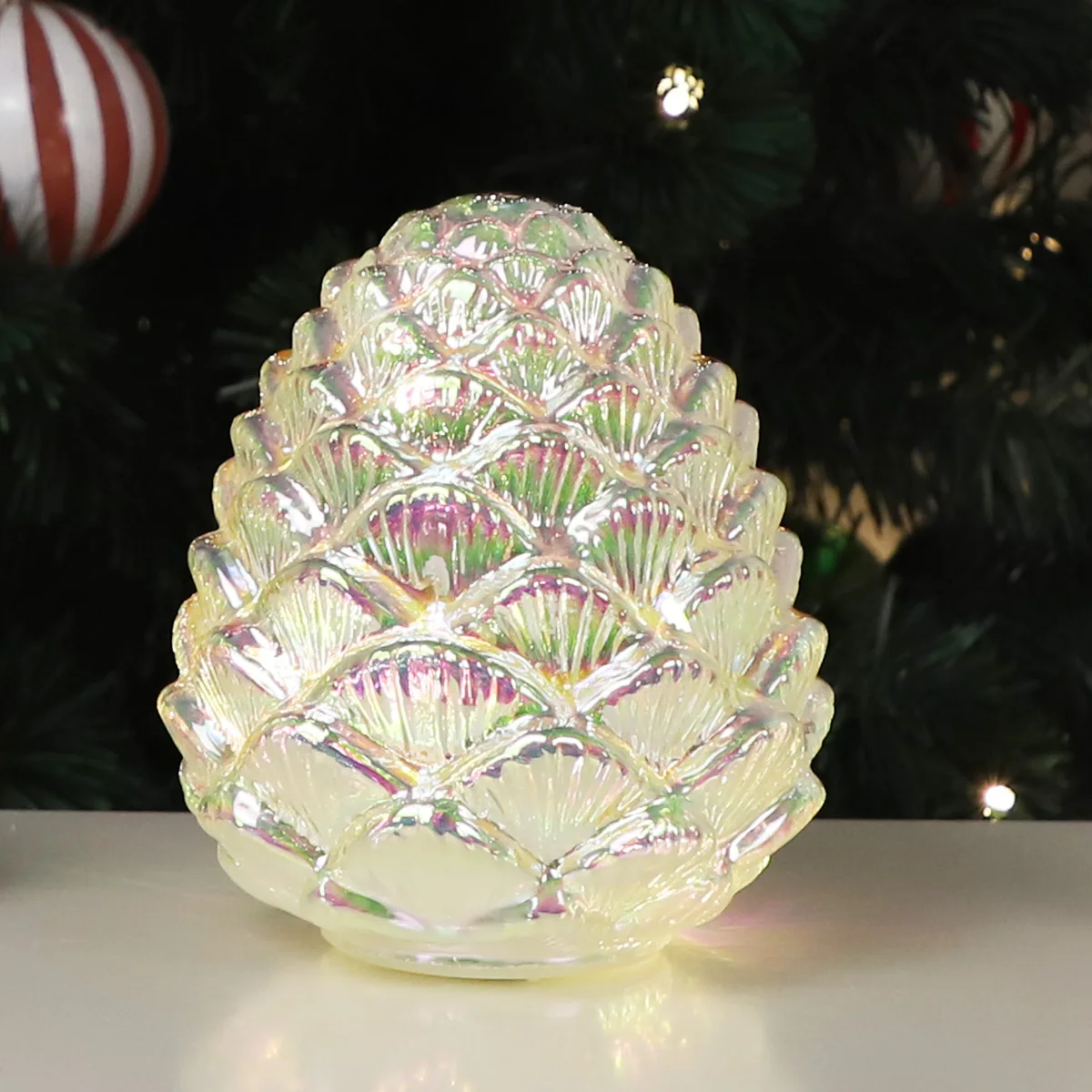 Big Glass Rainbow Finished Pine cone Shaped Table Ornaments Hand Painted Led Lighted Safety Christmas Decorations