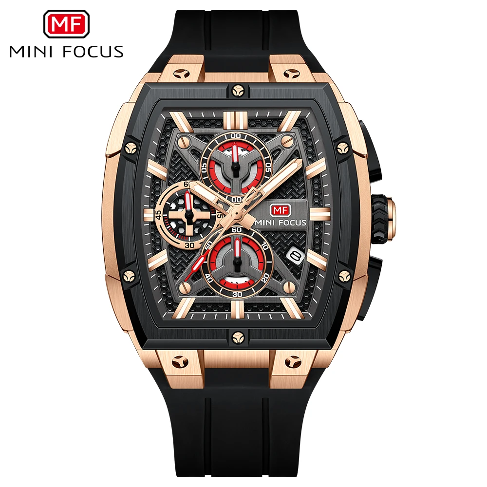 MINI FOCUS Chronograph Quartz Man New Model Watch for Men Sport Wristwatch with Black Rose Gold Silicone Strap MF0602G