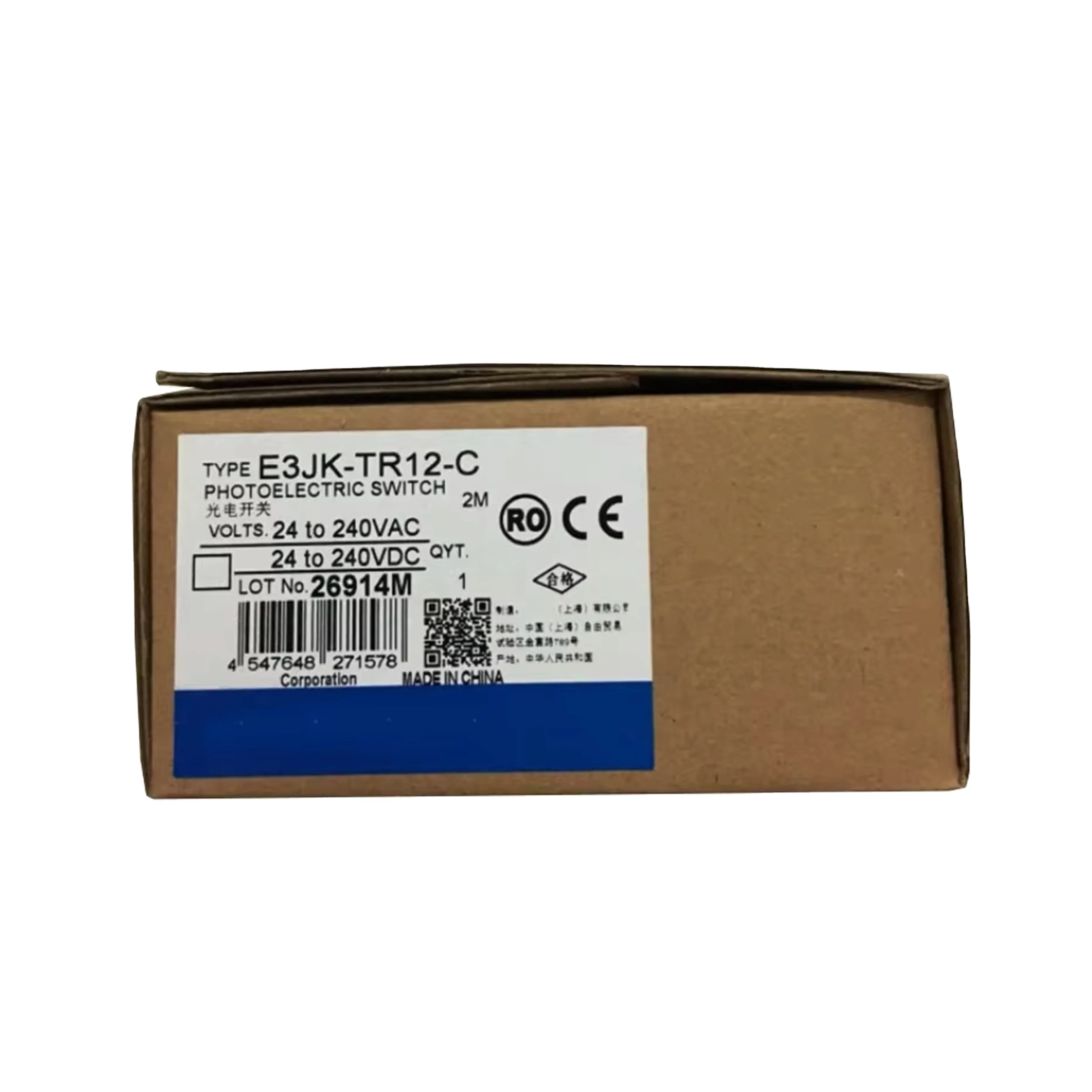 New Original Omron E3JK series photoelectric sensor. Through-beam type, long sensing distance, relay output, 12-240V AC/DC power supply, IP66 protection, compact housing. Used for object detection, position sensing in industrial automation, stable perform