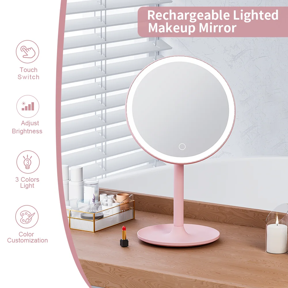 Eyelashes Can Be Magnetized to the Holder 360 Degree Rotation Pink Round Cosmetic Mirror Rechargeable Lighted Make up Mirror
