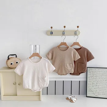 2025 Newborn Baby Clothes Casual One-Piece Summer Suit Comfortable Waffle Short-Sleeved Soft Small Pocket Hat Baby Jumpsuit