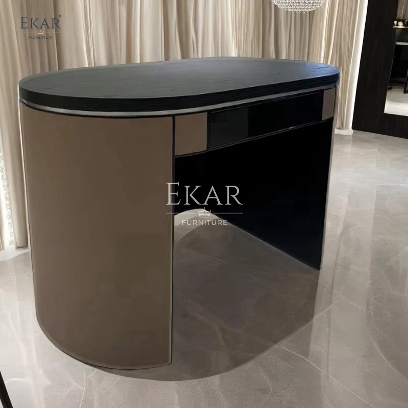 product modern sleek oval wood vanity table with standing mirror stylish dresser bedroom spaces hotel apartment use featuring storage-60