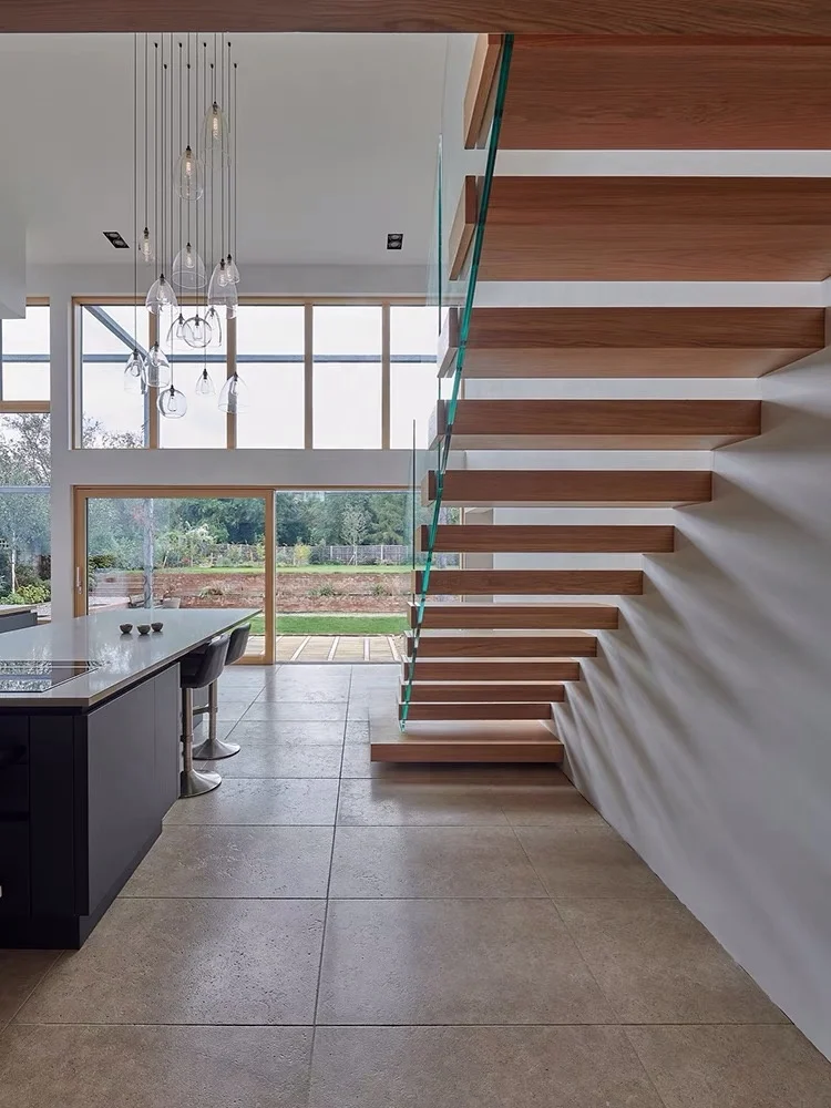Foshan Stair Railing Invisible Stringer Wood Tread Circular Floating Stairs