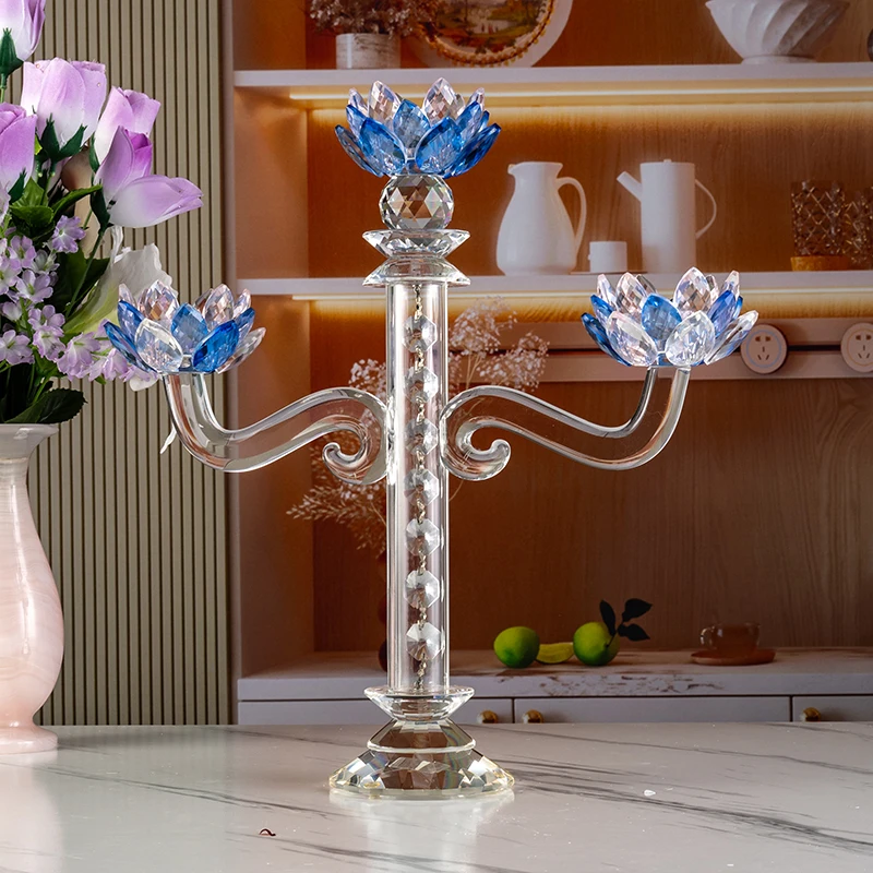 Glass Long Handle High-end Lotus Home Decoration Three Arm Glass Wedding Center Crystal Candlestick