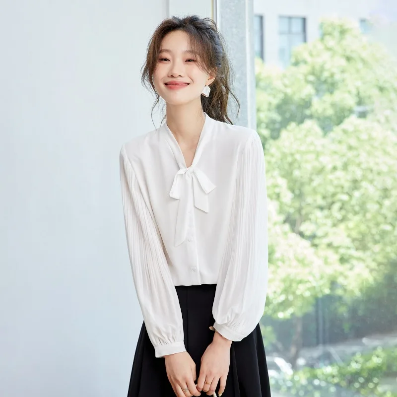 Bluse Frauen Langarm Blau Blusen Hemd Frauen Tops Bogen V-Ausschnitt  Chiffon Bluse Kleidung Blusas Blusa 9015 - Main Image