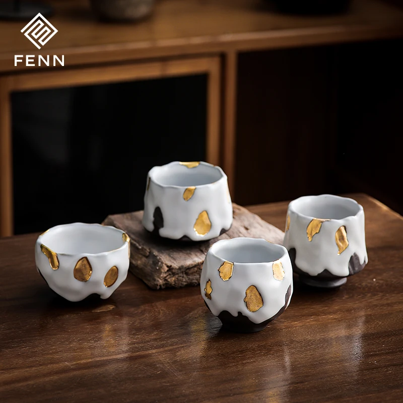 FENN Japanese teacup ceramic coffee cup irregular edge feature design cups body variety of Luxury grey with golden tea cups