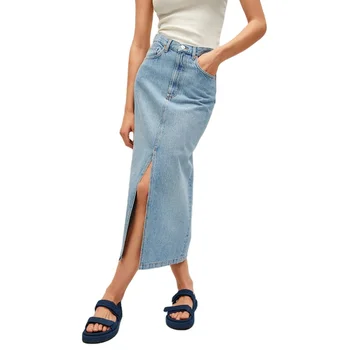 Manufacture custom design fashion casual split zip up denim long skirt for women
