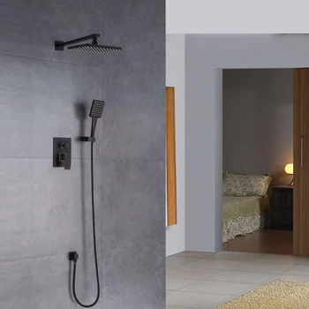 Concealed Rain Matte Black Brass Shower Faucet 10in Rectangle Overhead Head Sprayer Mixer Hand Shower Set