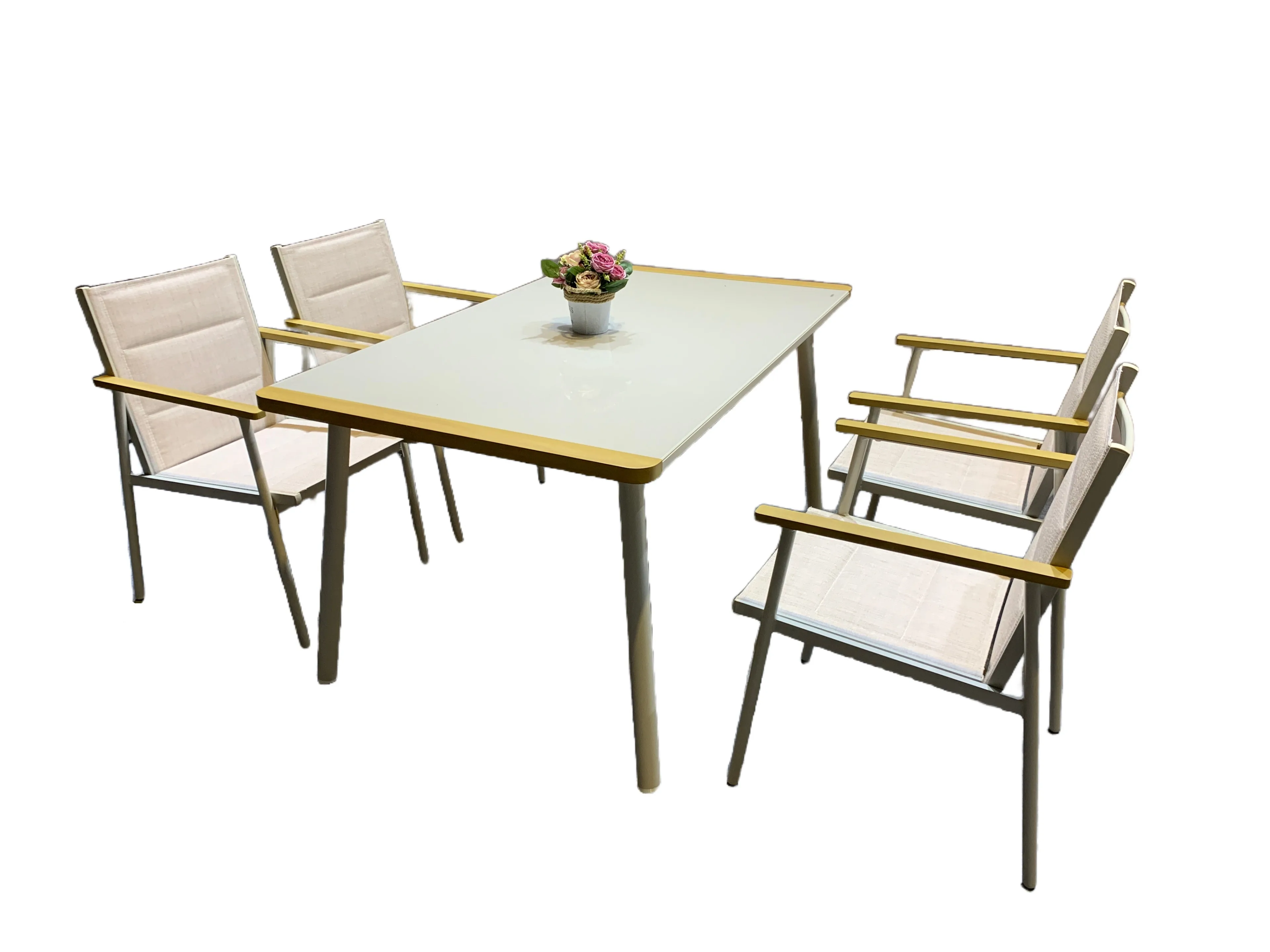 Modern Aluminum Dining Set with Glass Top Table for Outdoor Terrace Dining