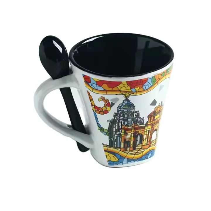 Custom Wholesale Barcelona Classic Design Ceramic Mug With Spoon Bohemian Style for Water Milk Coffee for Tourist Souvenir Gift