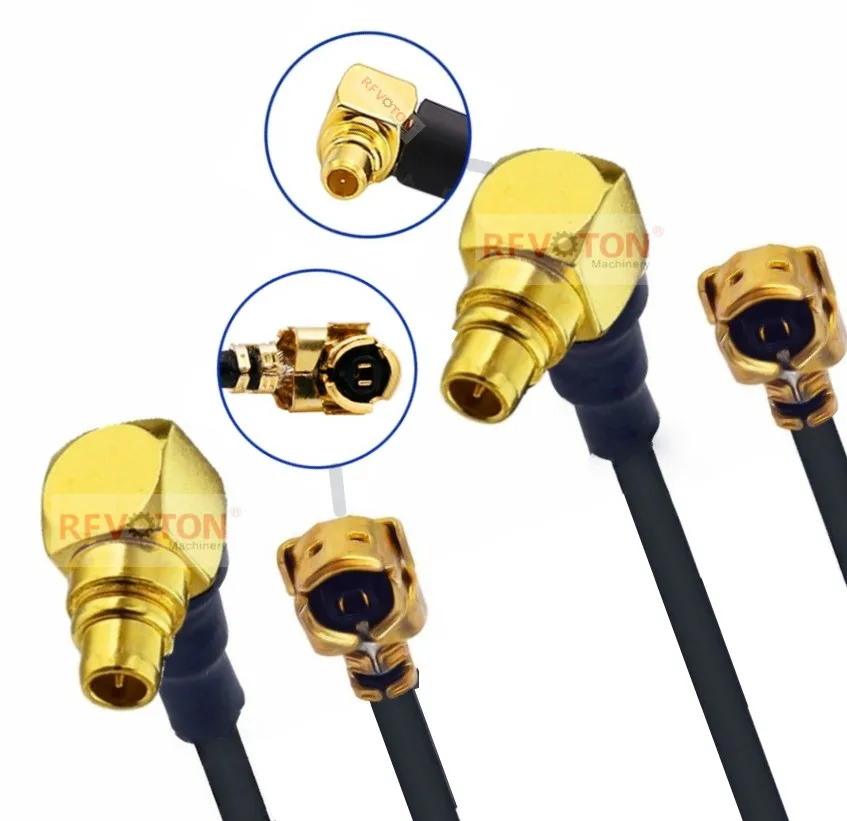 كابل تمديد RF قصير (Pigtail) من المصنع، بموصل ذكري من نوع MMCX بزاوية 90 درجة يمينًا إلى موصل U.FL / UFL صغير الحجم، بقطر 1.13 مم أو 1.37 مم، من نوع RG 1.13 أو RG 1.37