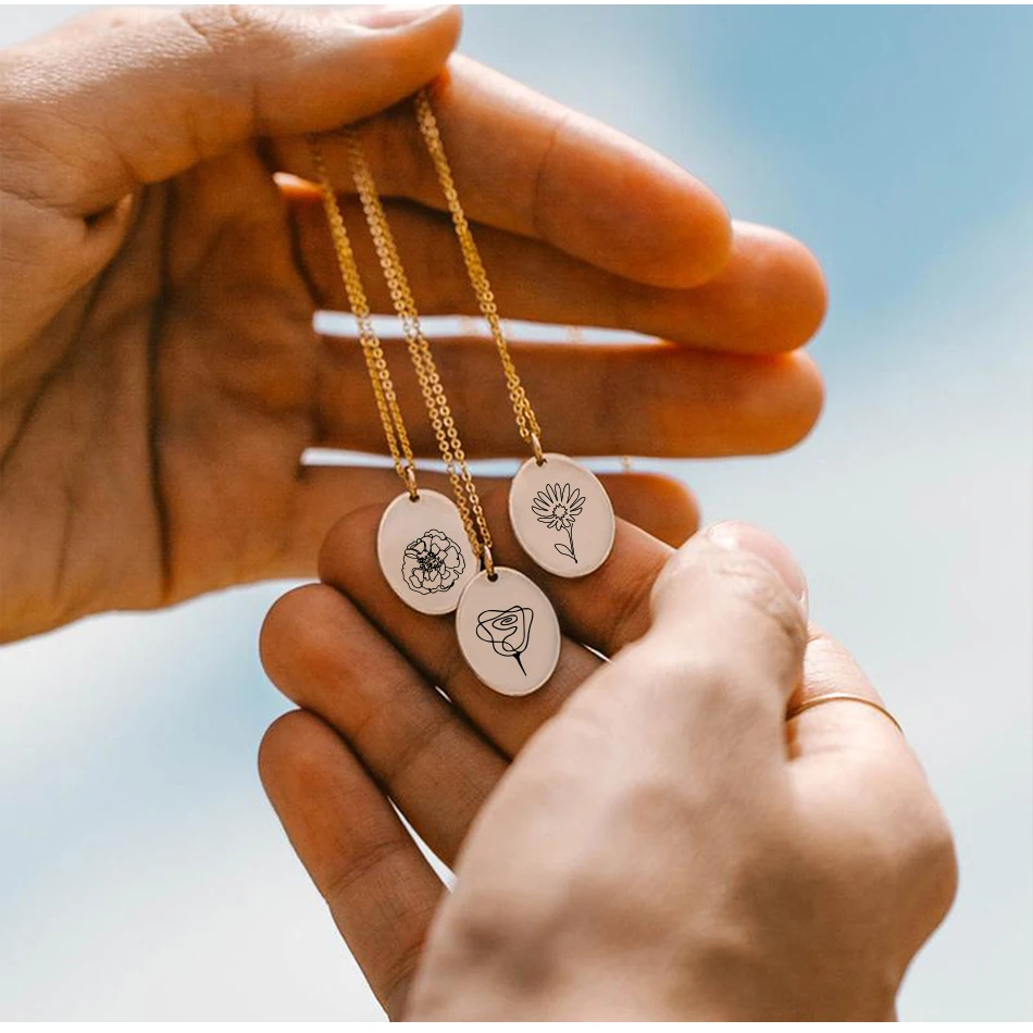 EManco Birth Flower Coin Necklace Square Pendant Gold Charm Chain