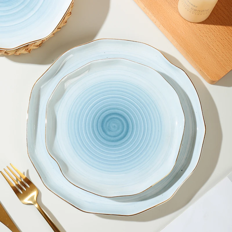 Wholesale Table Wavy Rim Sesame Glaze Orange Color Gold Rim Personalized Salad Cereal Ceramic Decorative Bowl and Plate