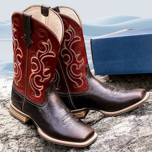 Trendy Genuine Leather Cowboy Boots for Women Goodyear Welt Square Toe Female Flat Western Ankle Boots Work Shoes