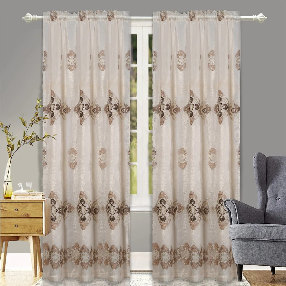Two Layer Ready Cheap New Style Living Room Beige White Blue Jacquard Embroidery Curtain Designs Sheer Rod Pocket Window Curtain
