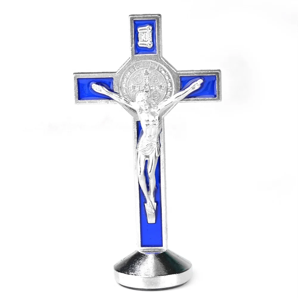 Small Table Jesus 80X42mm Cross Standing Crucifix  Metal Magnet Saint Benedict Car Auto Cross Crucifix  Statue with Base