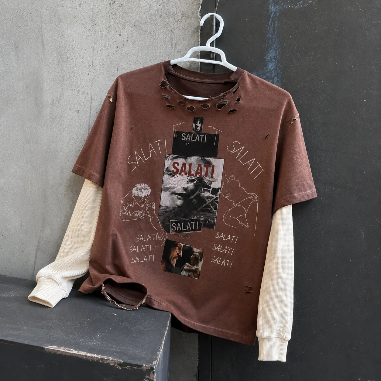 Custom Logo Streetwear Double Layer Long Sleeve T Shirt Waffle Acid Wash Distressed Cotton T Shirt for Men gallery 9
