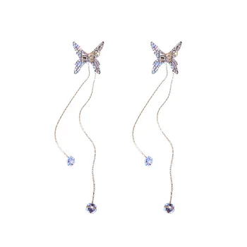 Orecchini Pendenti Lunghi Donna A Farfalla - Viola Con Strass In Cristallo E Nappe - Anallergici Con Ago In Argento S925 - 3