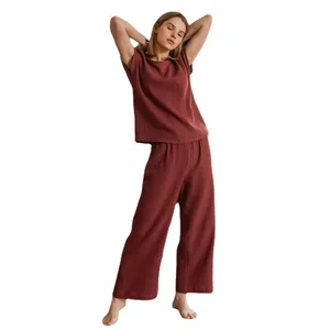 Home Wear Brown Shorts Suits Woman Summer Casual O Neck T Shirt With Elastic Waist Shorts Two Piece Sets Women Sleepwear