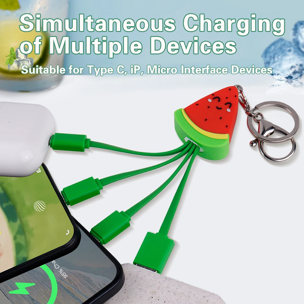 Creative Fruit 3 In 1 Charging Cable Watermelon Design Keychain Cable 3 In 1 Charging Cable For Promotional Summer Business_voghion.com