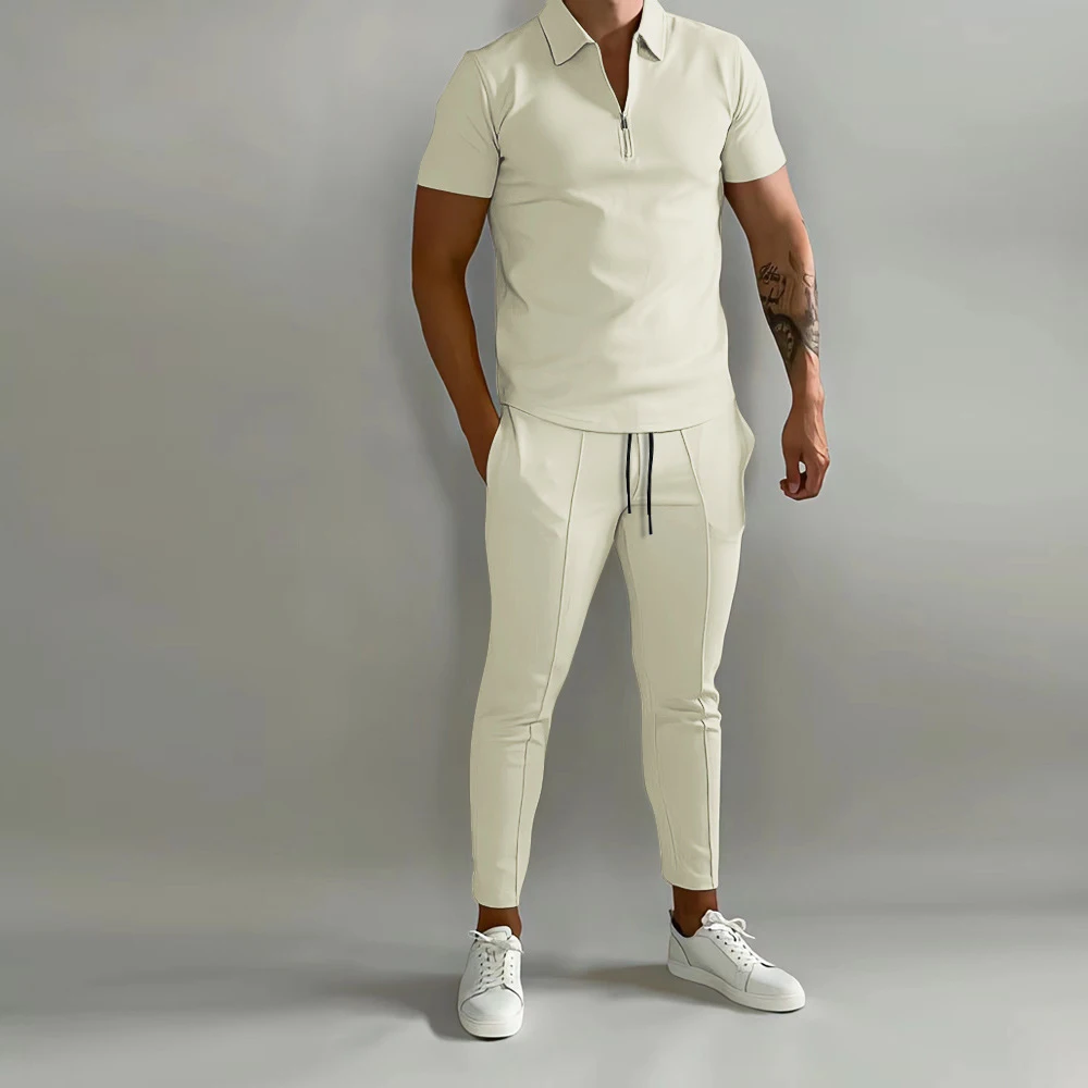 DOVEARK RTS Spring and Summer Matching Men's Suit Lapel Short Sleeve POLO Shirt Sports Pants Casual Knitted 2-piece Suit for Men