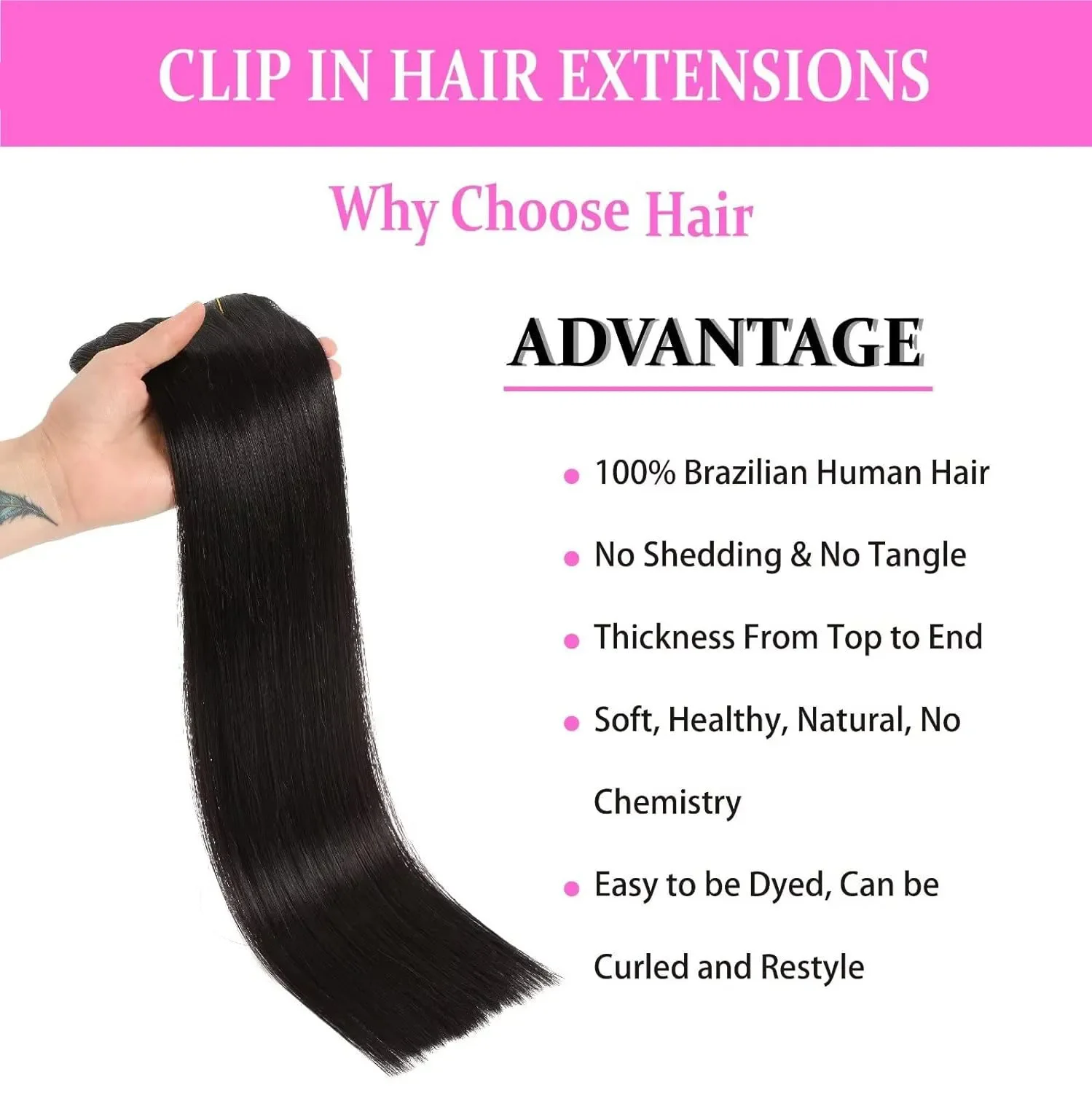 Clip in Hair Extensions Human Hair Brazilian Virgin Natural Straight Seamless Clip ons 1B_voghion.com