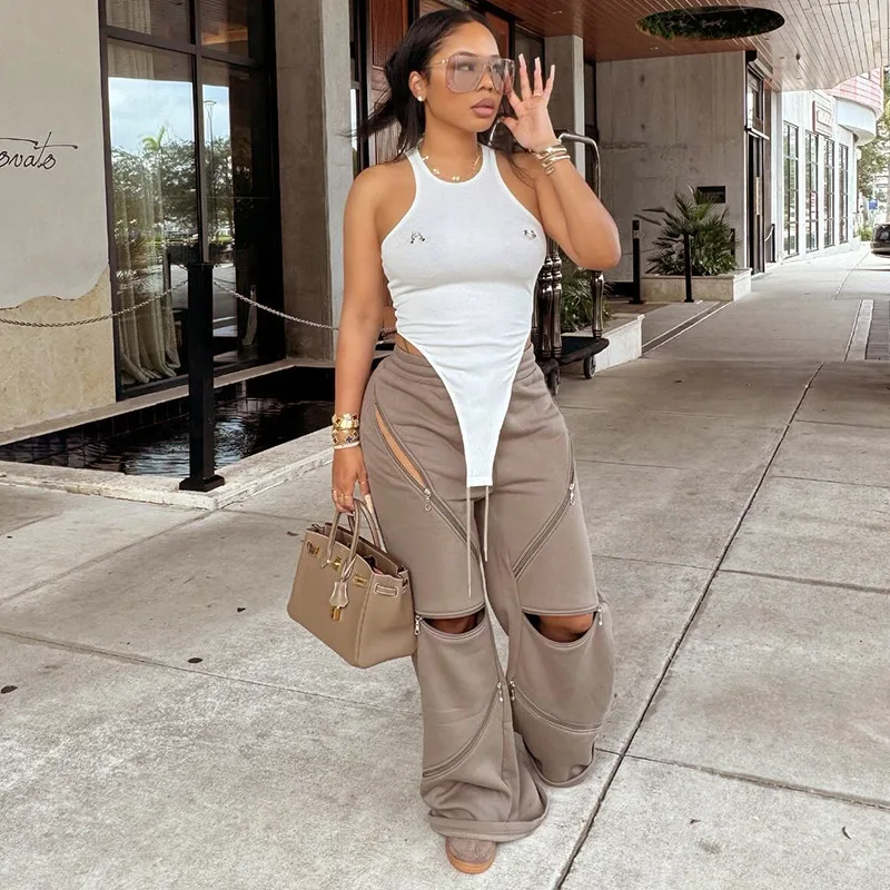 European American Vintage Fashion Casual Multi-zipper Pocket Regular Sports Boot Cut Long Pants