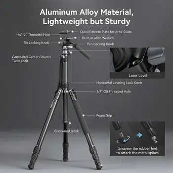 For SmallRig Professional Video Tripod CT190 72\" Camera Tripod Leveling Base Monopod Conversion Travel Video Vlogging Carry 8.8 detail image