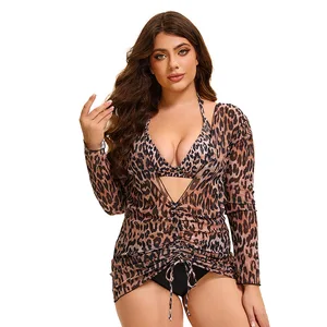 Cross-border Mesh Three-piece Large Size Women's Sexy One-Shoulder Bikini Swimsuit with Hollow Out Waist Logo Spandex/Polyester