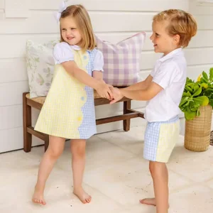 100% Cotton Children's and Babies' Summer Casual Clothing Set Checkered Pattern Color-blocked and Ruffled Fashionable