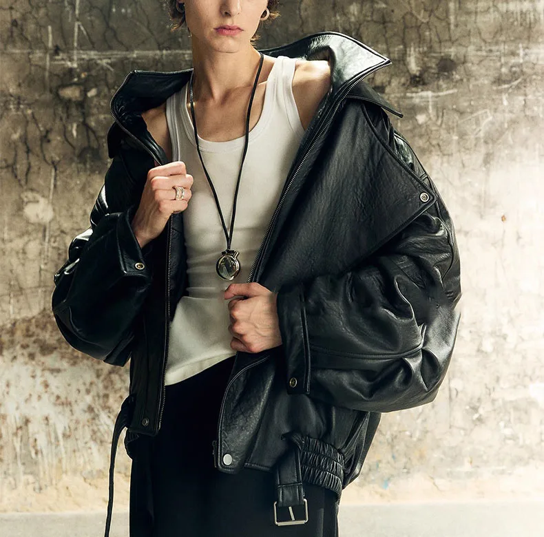 2024 Autumn New Loose Lamb Foam Skin Leather Jacket Women Silhouette Motorcycle Bomber Coat Short Genuine Sheep Leather Jacket