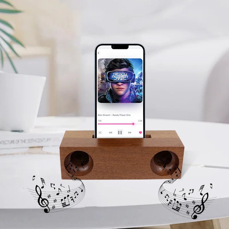 Enhance Sound Quality with Pure Wood Phone Holder Dual Speakers