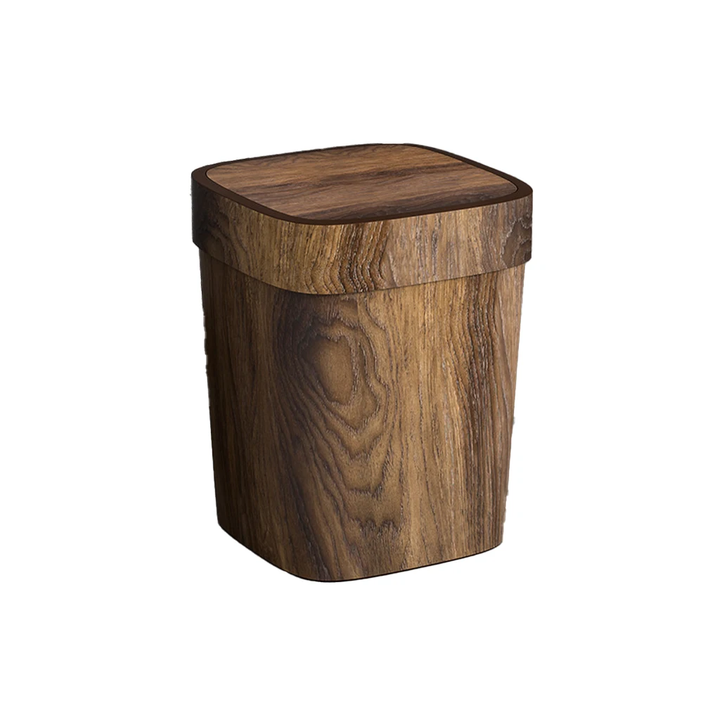 GREENSIDE Classic Waste Bin Wood Pattern Waste Trash Can Square PP Hotel Garbage Can Lid Home Kitchen Bathroom Dustbin Push Type