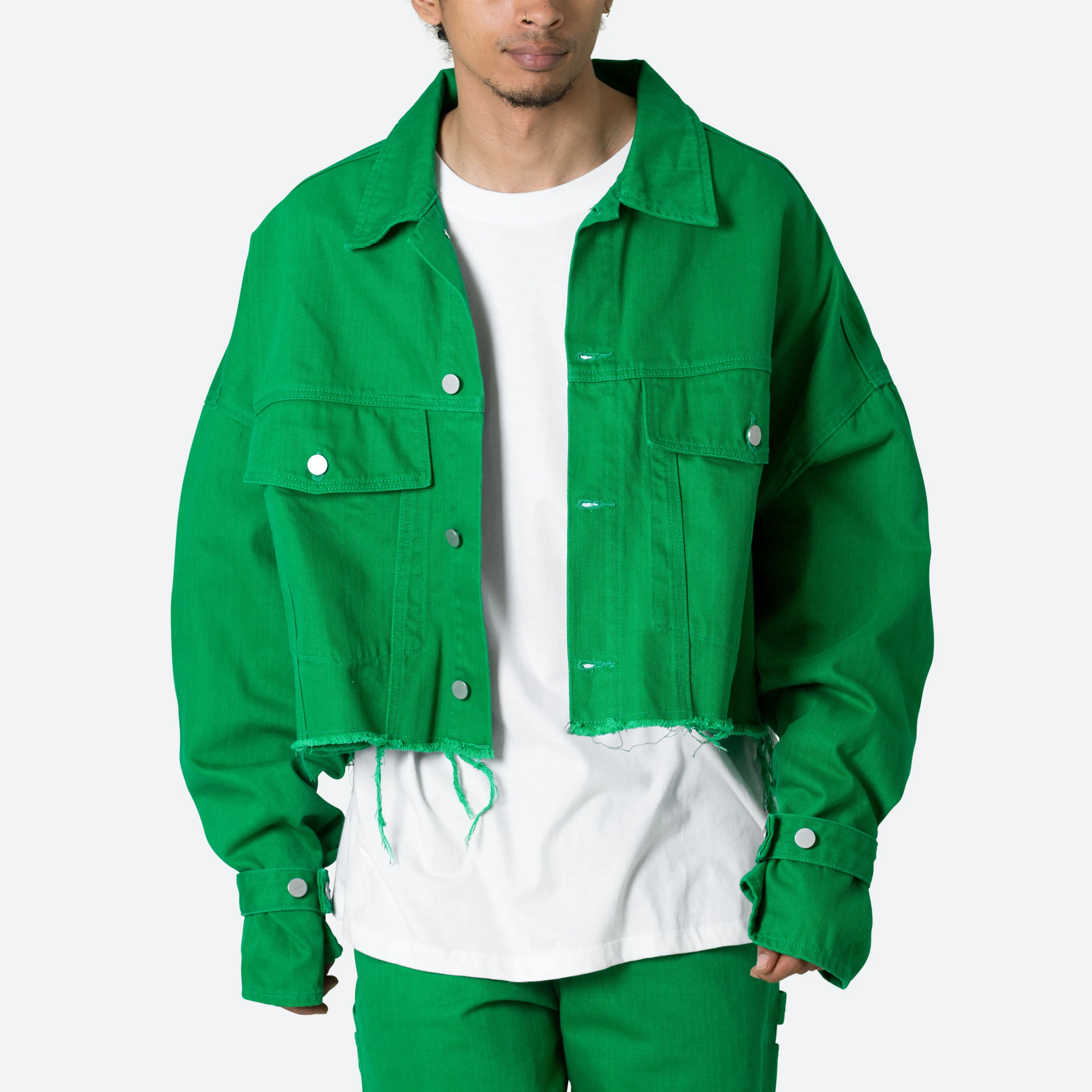 AeeDenim Custom Designer Men' Jacket Cropped Body, Extended Sleeves, Button Placket Finished Trucker Frayed Cotton Denim Jacket