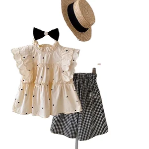 2023 Summer New Style Lace Sleeve Polka Dot Top Plaid+Wide Leg Pants Kids Two Piece Set Casual Baby Girls Clothing Suit