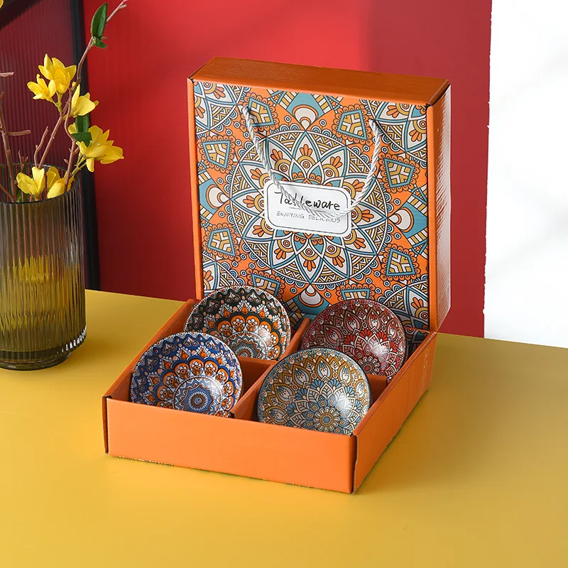 Bowls Plate Dinnerware Tableware Set 4 Bowl 1 Plate Gift Box Set Bohemian Ceramic Minimalist Vintage Giveaways Dinner Set 72 Pcs