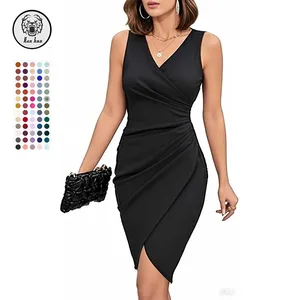 2026 Women's Sexy V Neck Sleeveless Faux Wrap Ruched Sheath Bodycon Dress Casual for Summer Natural Waist