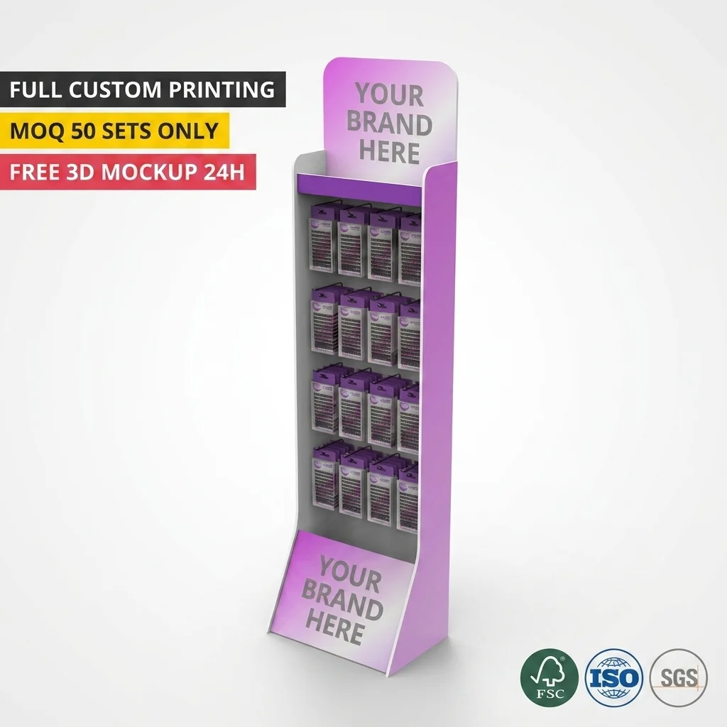 Custom Branding PVC Eyelash Floor Display Stand With Hooks- 4 Tier Modular Makeup & Lash Retail Rack for Beauty Store