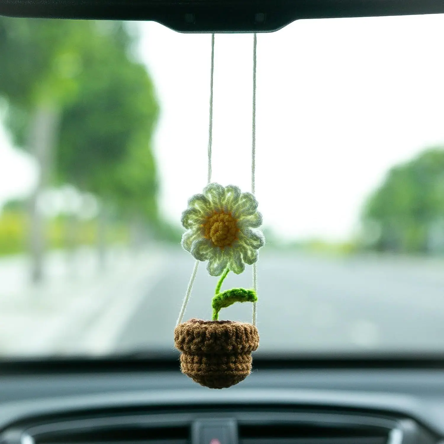 Daisy Handmade Crochet Car Ornament with Cute Flower Potted Boho Basket  Knitted View Mirror Woven Rearview Hanging Charm