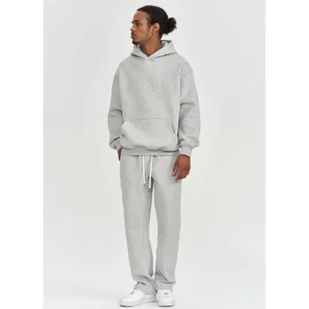 custom gray plain pullover hoodie cotton french terry print cropped boxy fit plus size elastic bottom men's sweatsuits