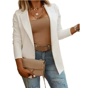 Women's Autumn Solid White Black Business Suits Casual Long Sleeve V-neck Knitted Single Button Breathable Blazer Jacket