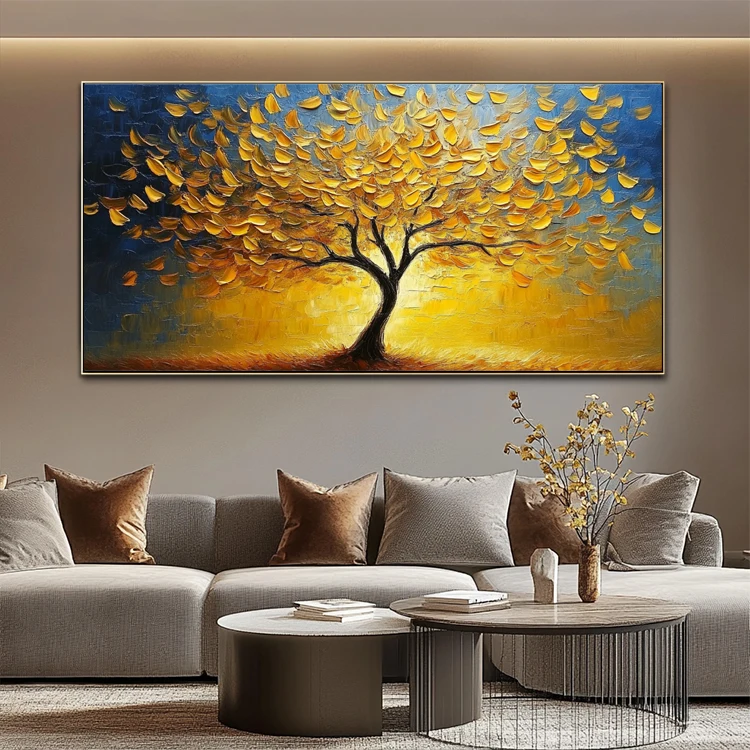 Living Room Handmade Acrylic Contemporary Textured 3D Wall Art Decor Landscape Golden Tree Painting