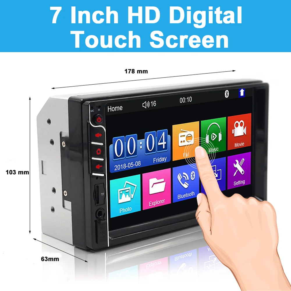 Double Din Car Stereo Receiver 7 Inch Touch Screen Bluetooth Handsfree Car Radio With Backup