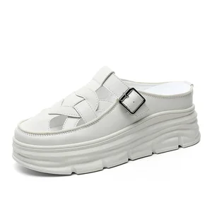 W3609 New Versatile Women's Slippers Summer Trendy Hollow Breathable Half Slippers Thick Sole Elevated Shoes