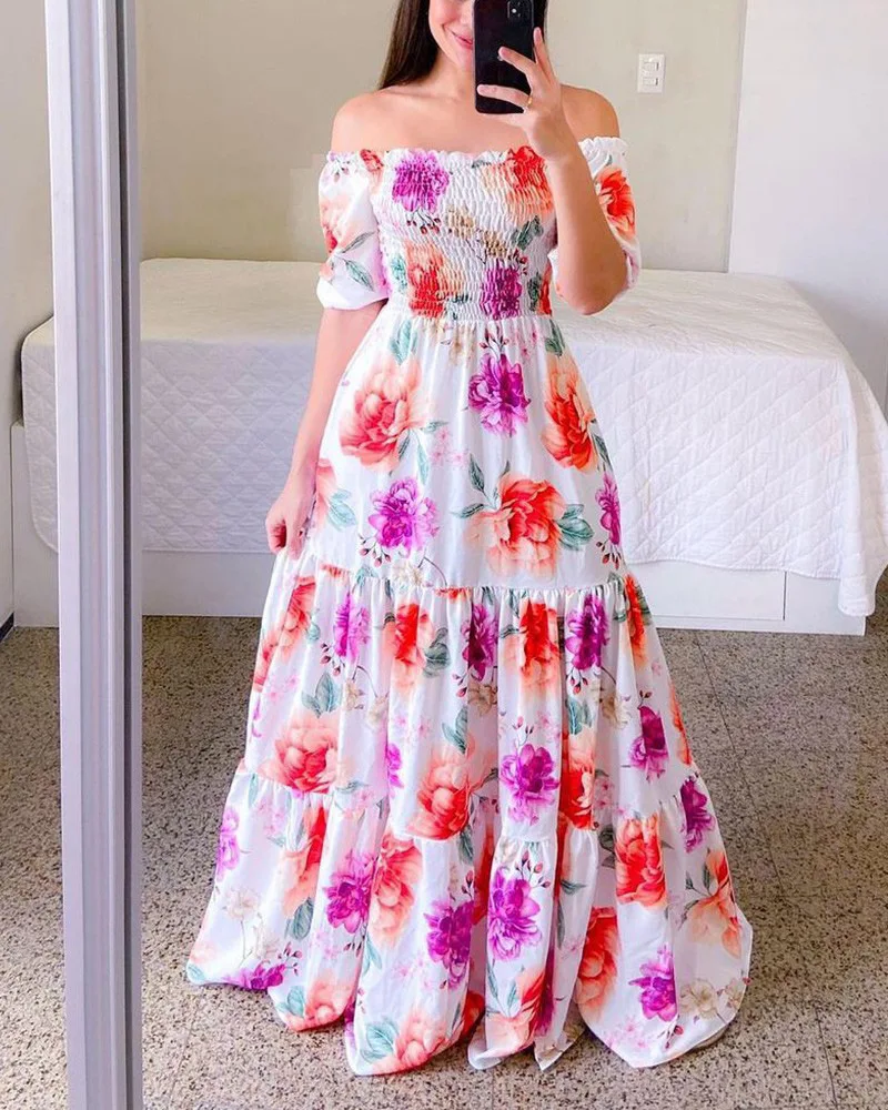 Fashion Long Summer One-shoulder Ladies Floral Dress Clothing Women's ...