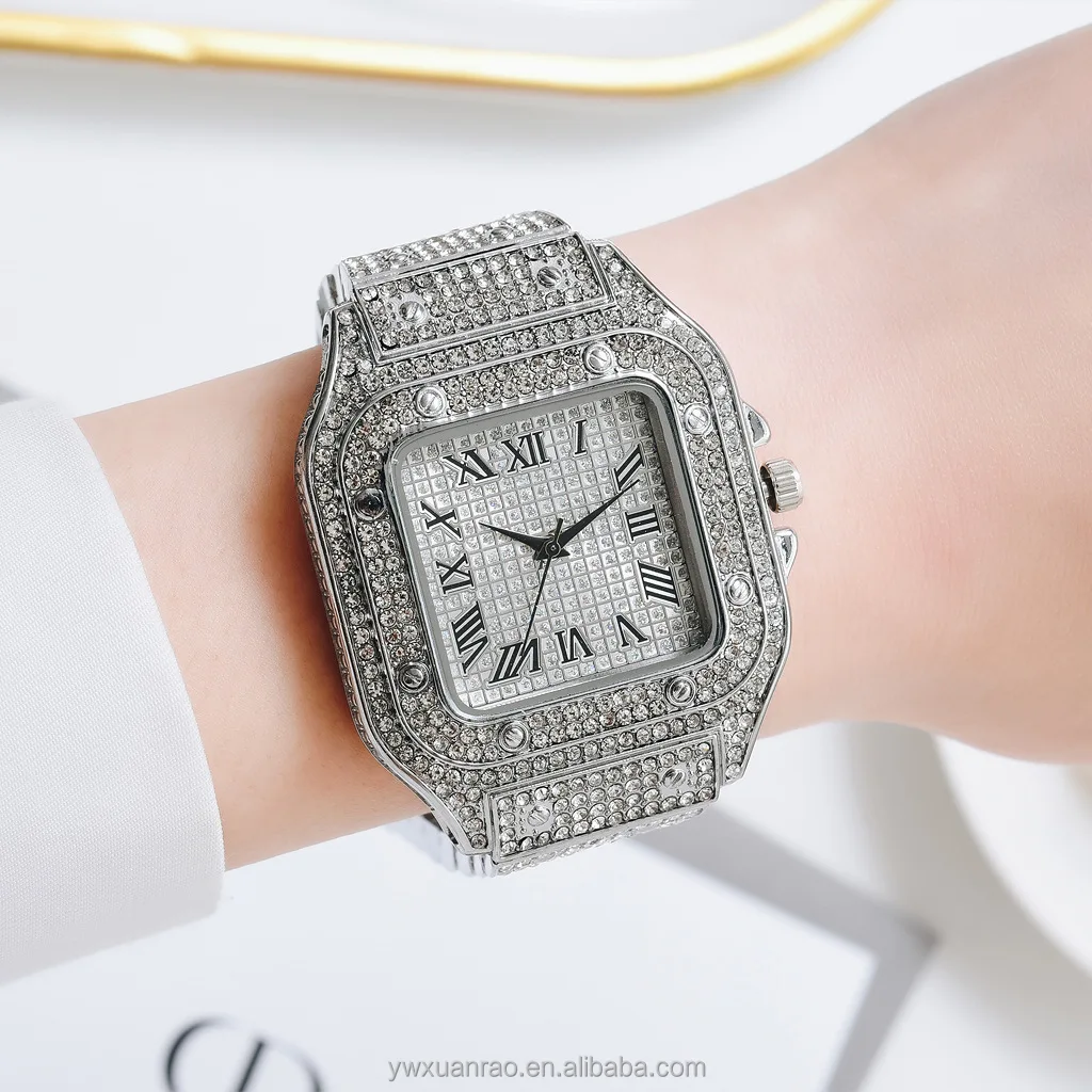 TW9015 Luxury Full Diamond Around Rome Dial Iced out Lady Watch Quartz Steel Square Women Watches Jewelry Accessories