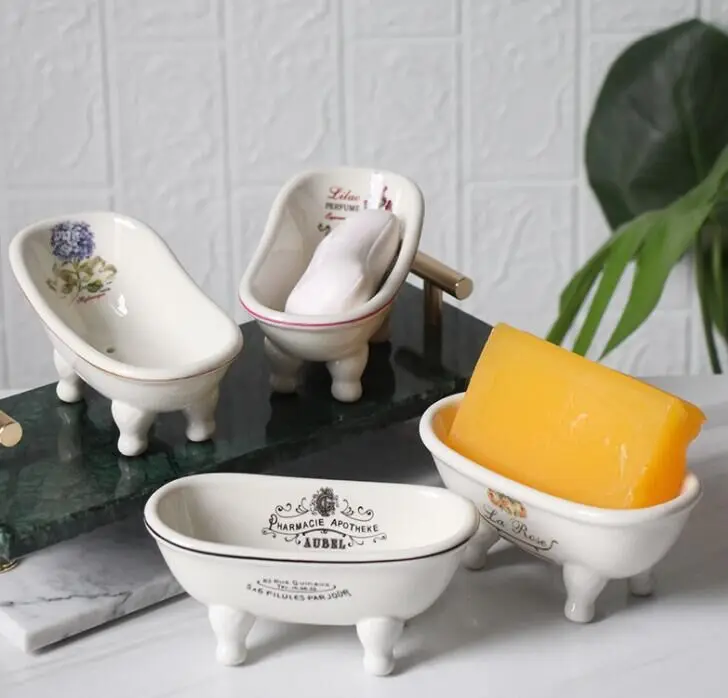 Embossed Ceramic Mini Bathtub Shaped Soap Dish Shower Bathroom Kitchen